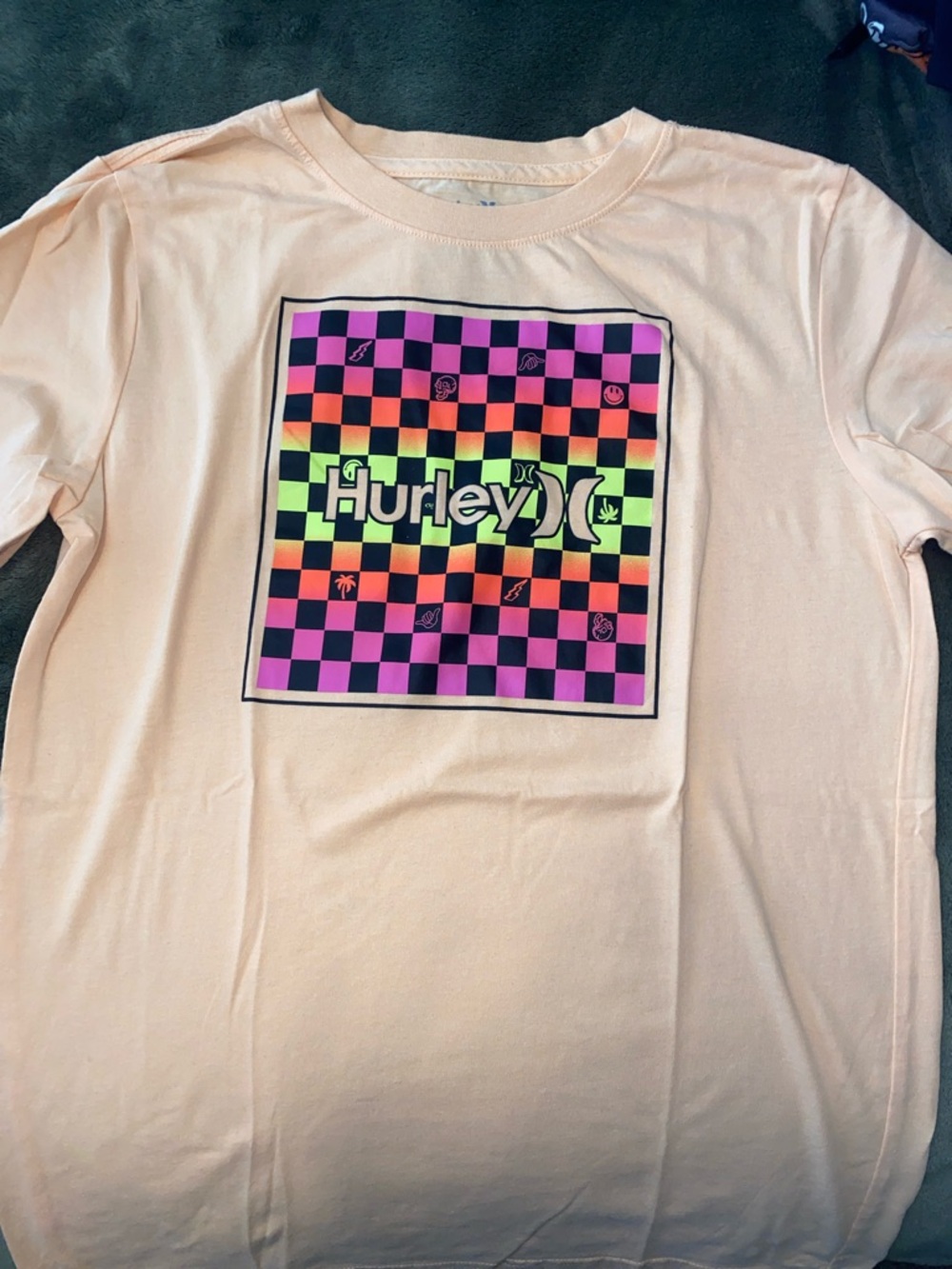 Hurley Orange Tee with Neon Checkerboard Graphic